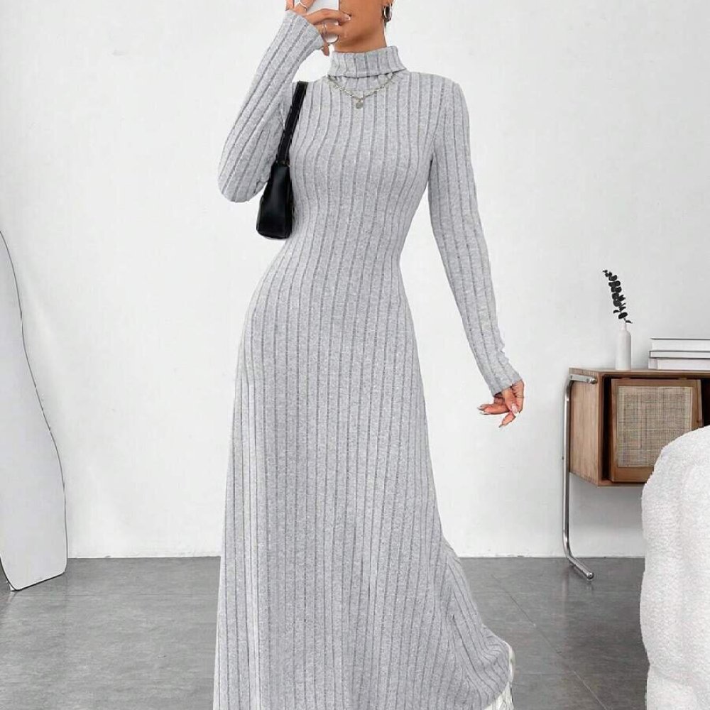 Bodycon Long Sleeve Ribbed Dress - Gaun Wanita Elegan Musim Gugur Kerah