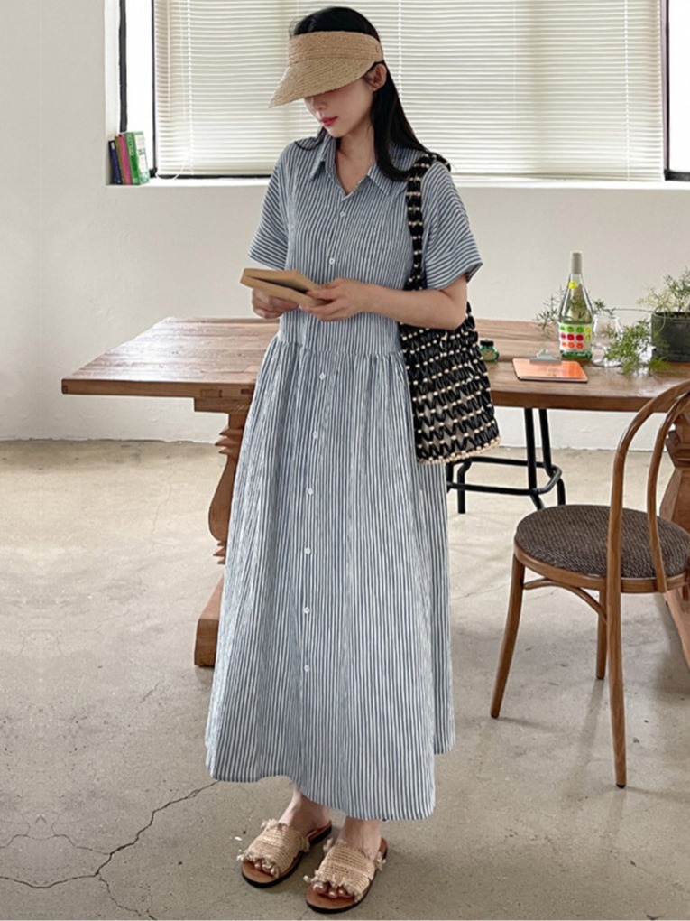 Korean Style A Line Shirt Dress - Gaun Kemeja Bergaris Gaya Korea Retro
