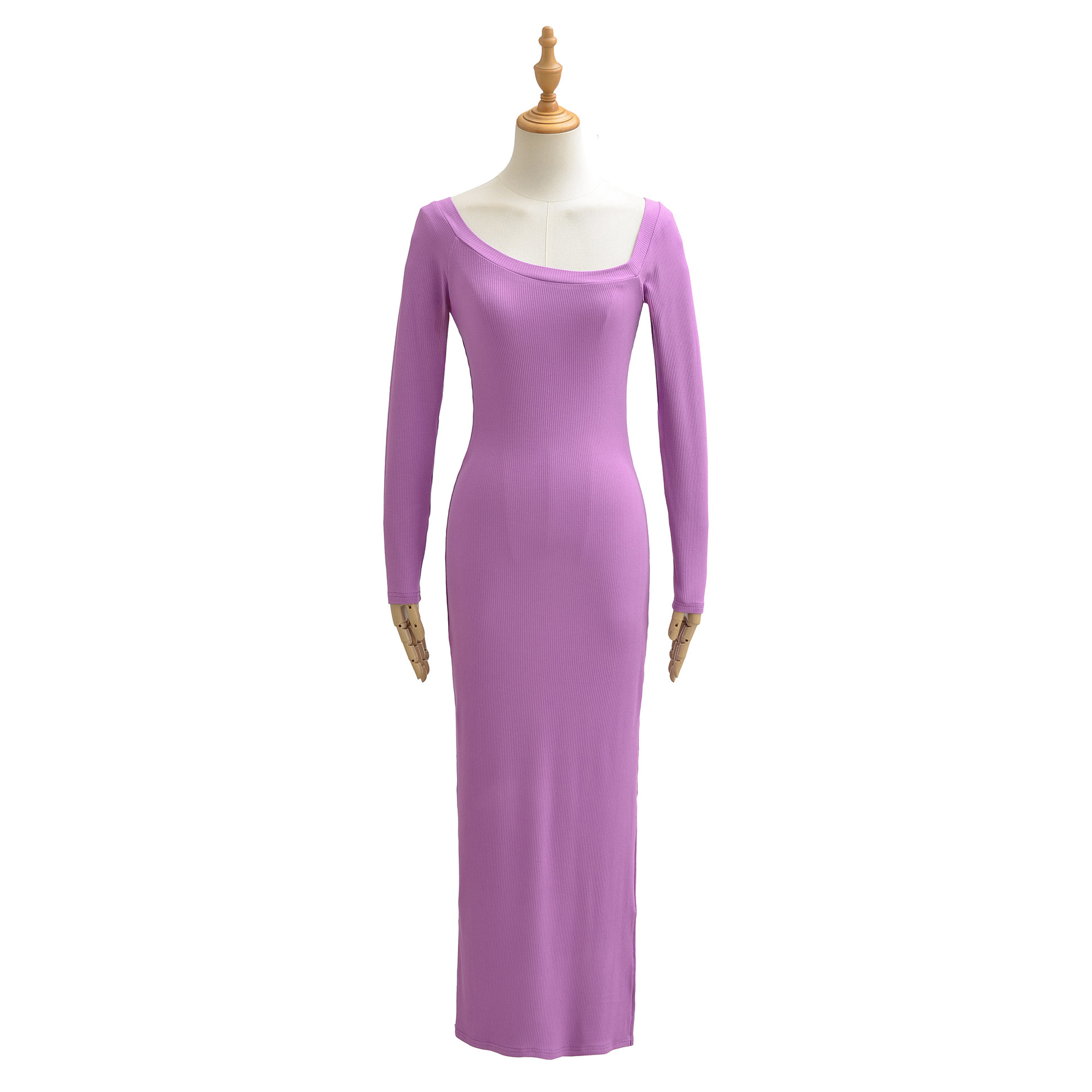 Bodycon Long Sleeve Ribbed Dress - Gaun Bergaris untuk Wanita Gaun Bodycon