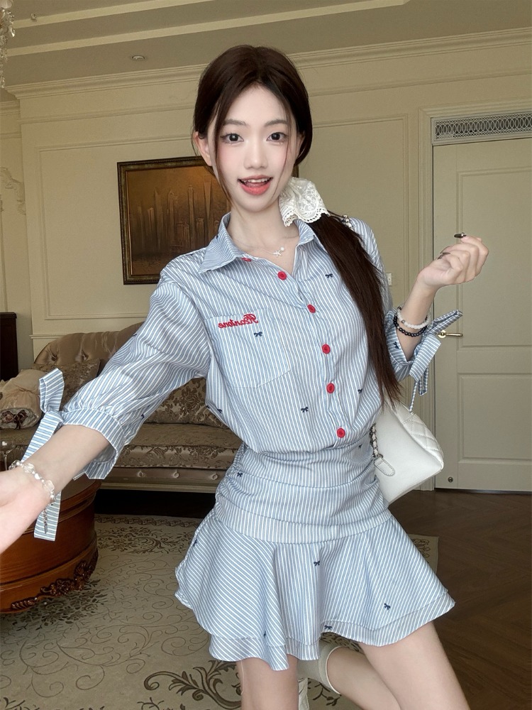Korean Style A Line Shirt Dress - Gaun Kemeja Bergaris Kasual Gaya Korea