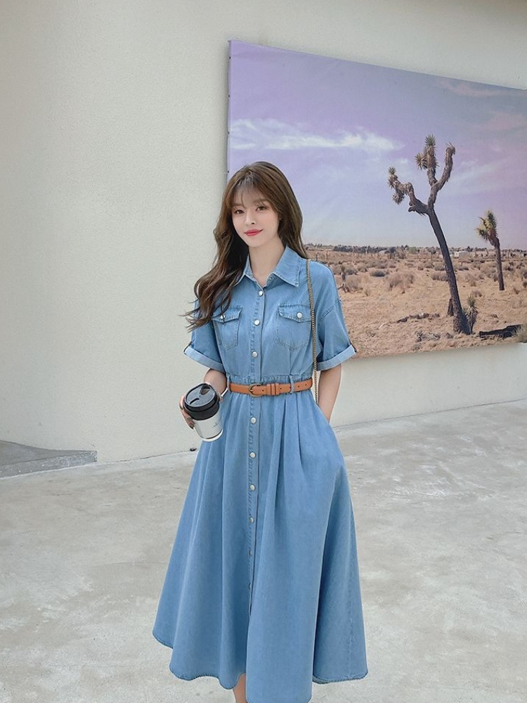 Korean Style A Line Shirt Dress - Gaun Denim Wanita 2026 Musim Panas