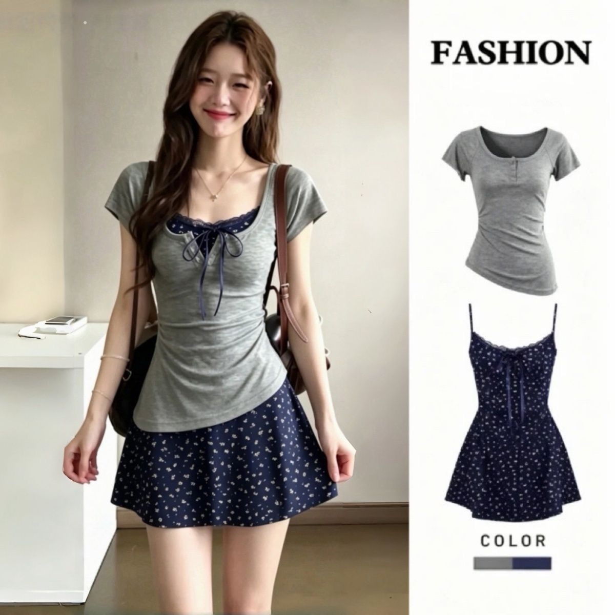 Korean Style A Line Shirt Dress - Set Dua Potong Gaun Mini Sling