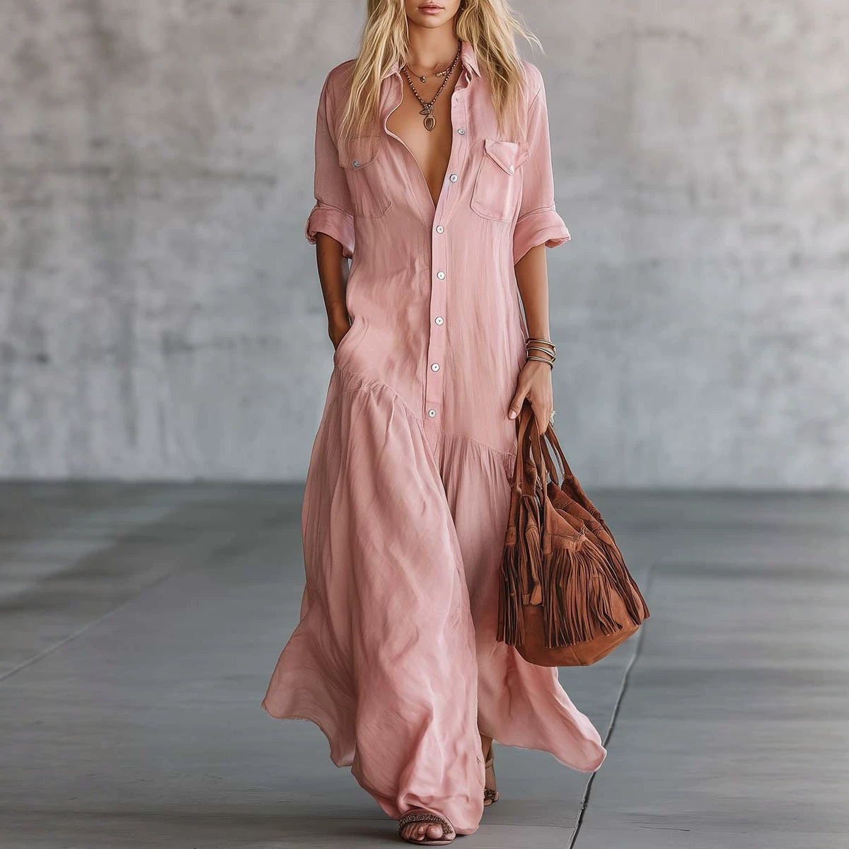 Casual Loose Linen Shirt Dress - Gaun Kemeja Maxi Wanita Musim Panas
