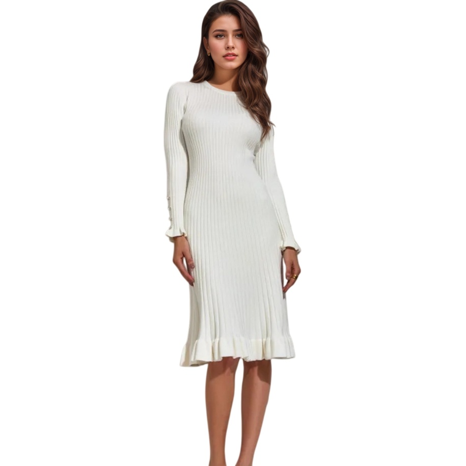 Bodycon Long Sleeve Ribbed Dress - Gaun Bodycon Rajut Bergaris Lengan Panjang