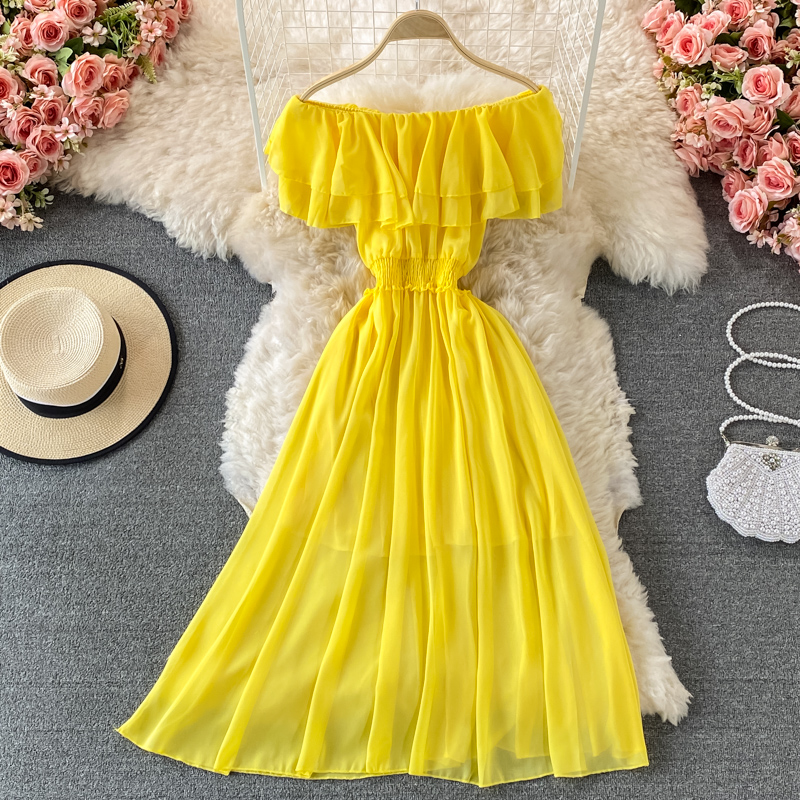 Off Shoulder Puff Sleeve Sundress - Gaun pantai wanita Solid kuning untuk