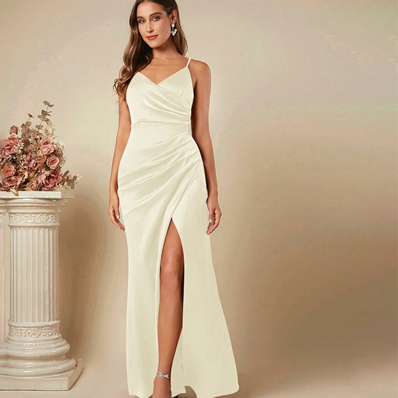 Elegant Satin Evening Gown Split - Gaun Suspender Satin Elegan Wanita Gaun