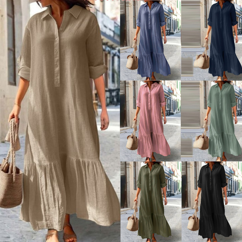 Casual Loose Linen Shirt Dress - Gaun Kemeja Linen Wanita 2025 -