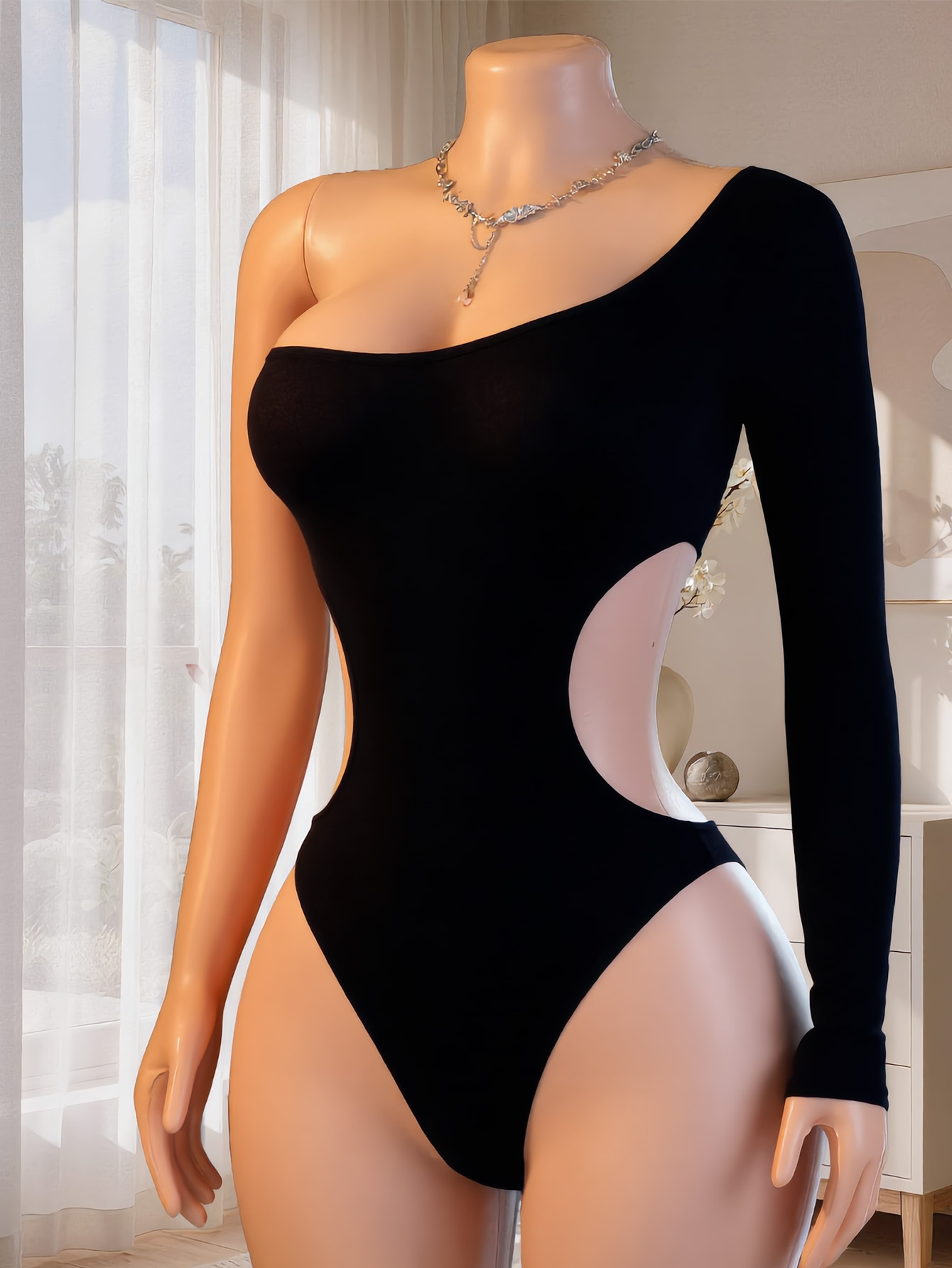 Lingerie - Bodysuit Wanita Satu Bahu Lengan Panjang