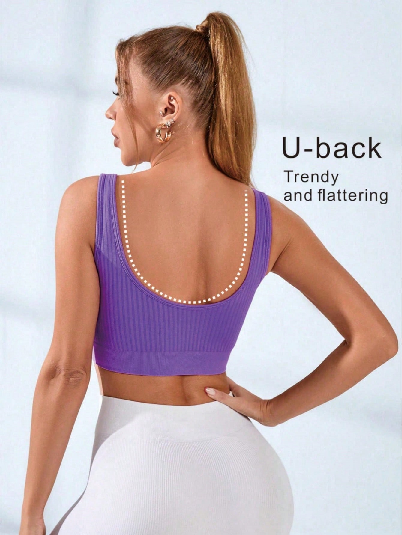 Seamless Ribbed Workout Tank Top - Sport Bra Wanita Bergaris U-Neck Tanpa