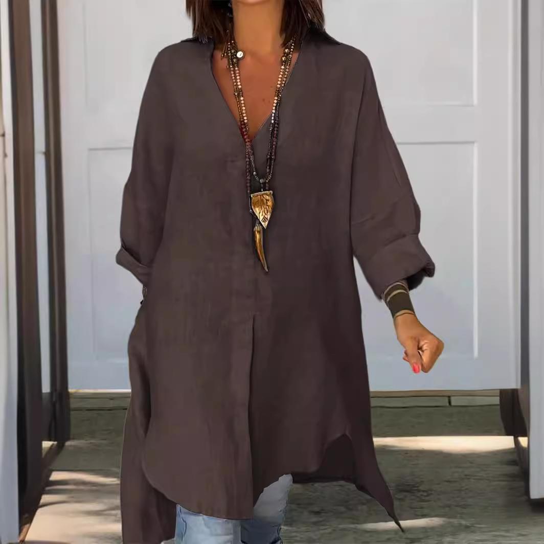 Casual Loose Linen Shirt Dress - Gaun kemeja longgar berbahan katun linen