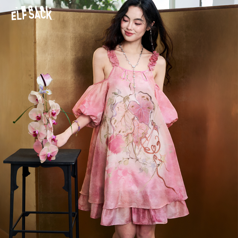 Off Shoulder Puff Sleeve Sundress - Gaun Sifon Jacquard Tie-Dye Wanita ELFSACK,