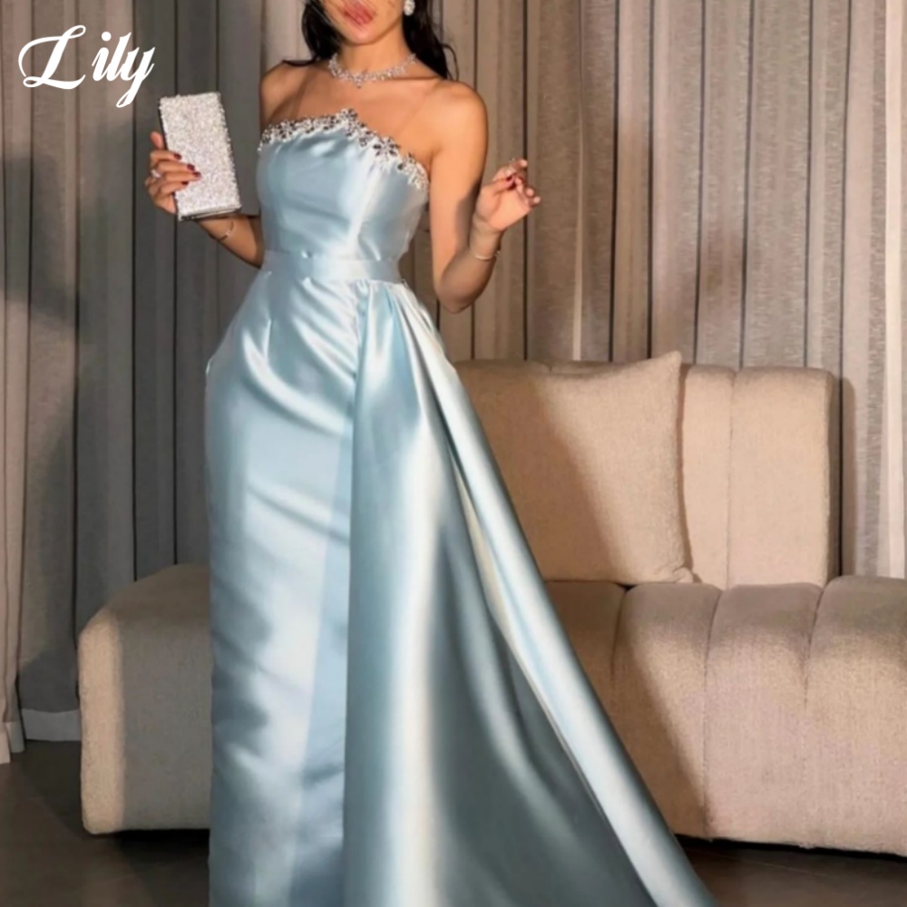 Elegant Satin Evening Gown Split - Gaun Formal Elegan Biru Lily Gaun