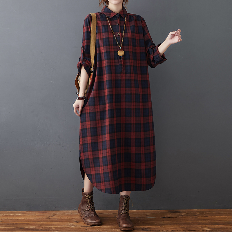 Casual Loose Linen Shirt Dress - Gaun Linen Katun Wanita Musim Gugur
