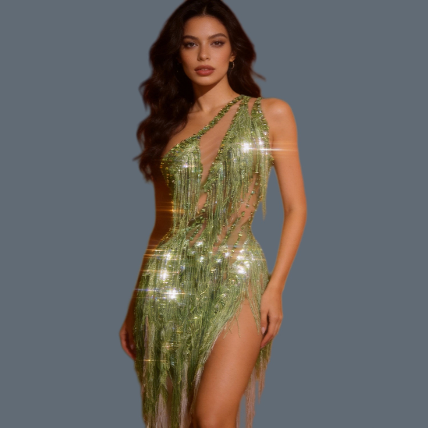 Sparkly Rhinestone Club Party Dress - Gaun Mini Dansa Latin Berlian Imitasi