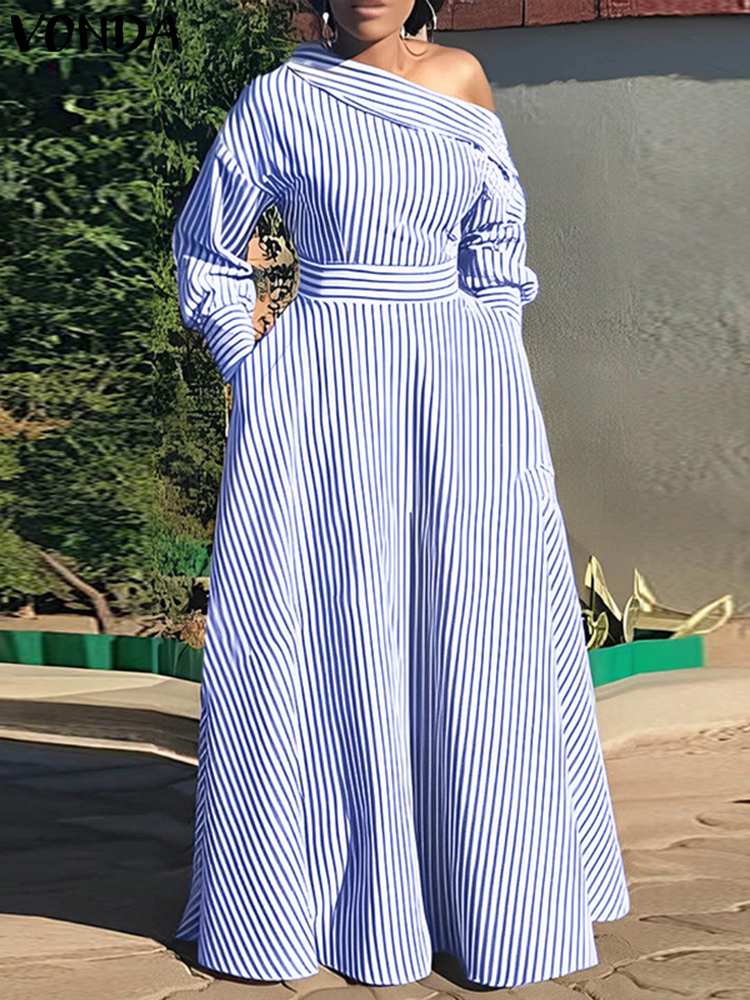 Off Shoulder Puff Sleeve Sundress - VONDA gaun Maxi bergaris wanita, jubah