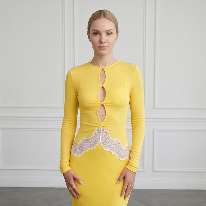 Bodycon Long Sleeve Ribbed Dress - Gaun Maxi Wanita Lengan Panjang Berwarna