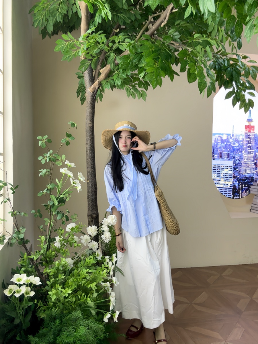 Korean Style A Line Shirt Dress - Setelan Kemeja Lengan Gelembung Biru dan