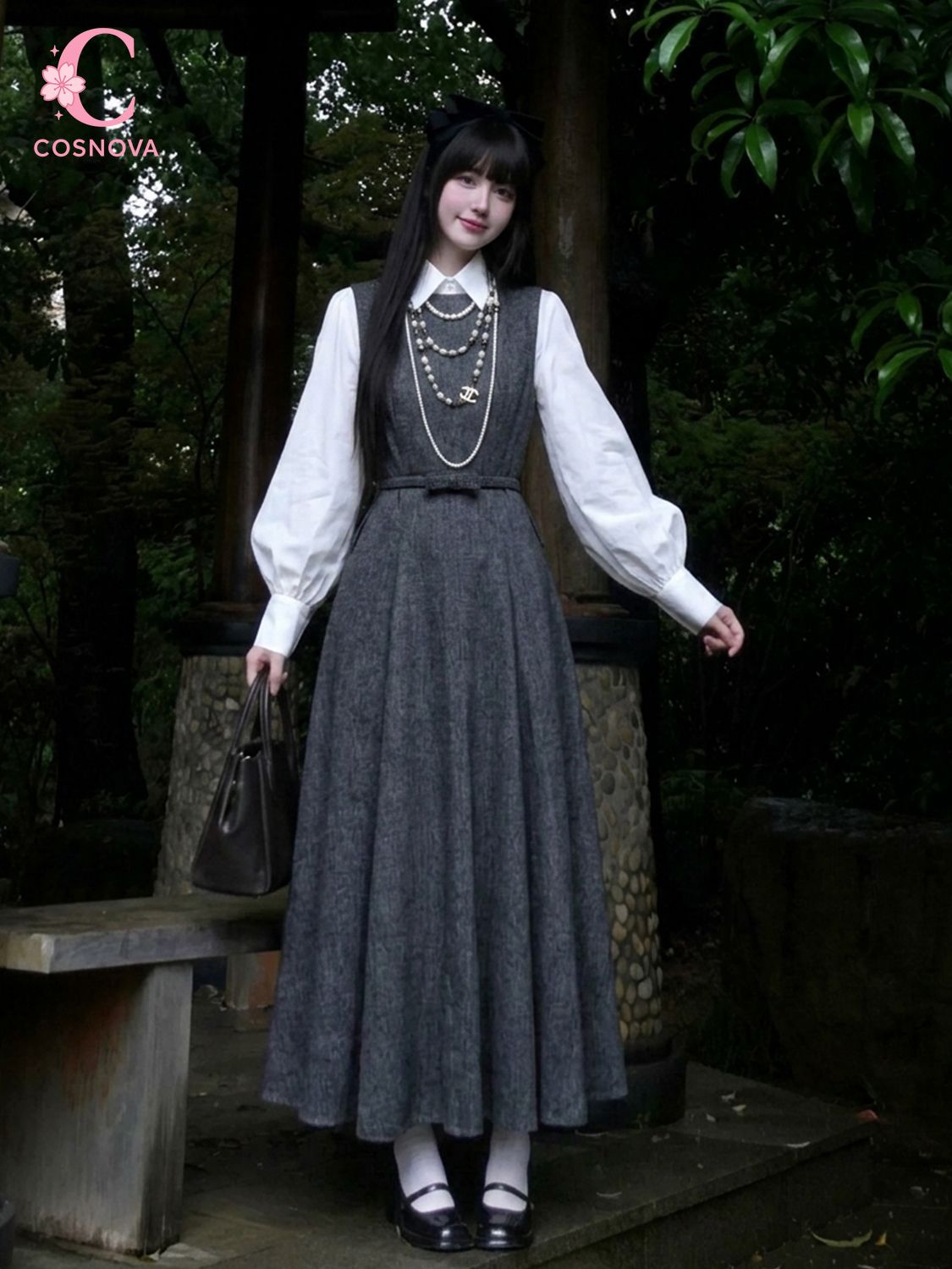 Korean Style A Line Shirt Dress - Set Gaun 2 Potong Gaya Hepburn