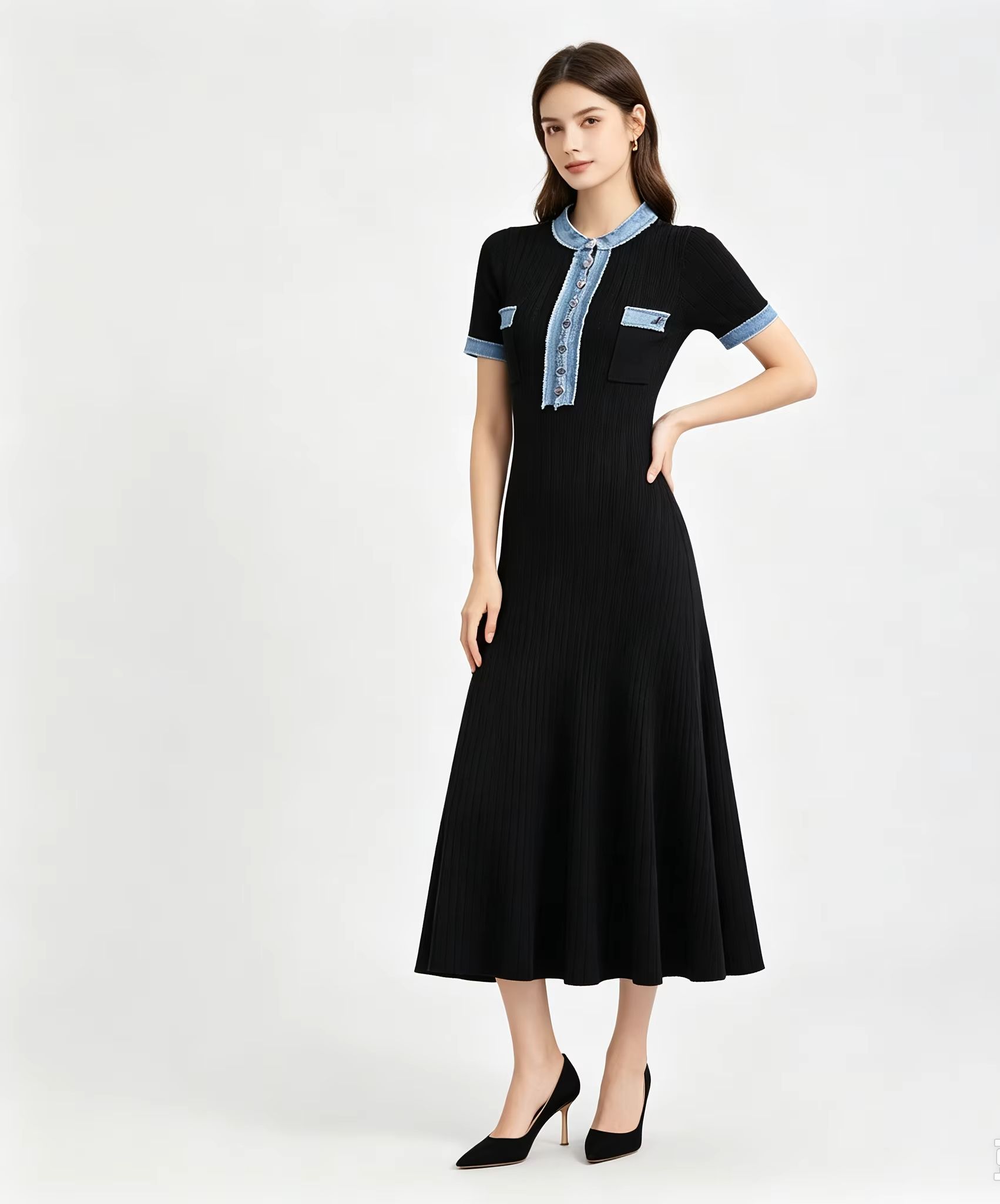 Bodycon Long Sleeve Ribbed Dress - Gaun Midi Wanita Model Bodycon dengan
