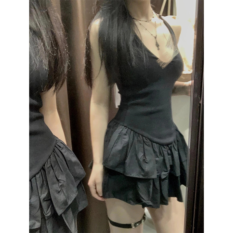 Y2K Backless Halter Mini Dress - MEXZT Y2K Gaun Mini Hitam Gaun