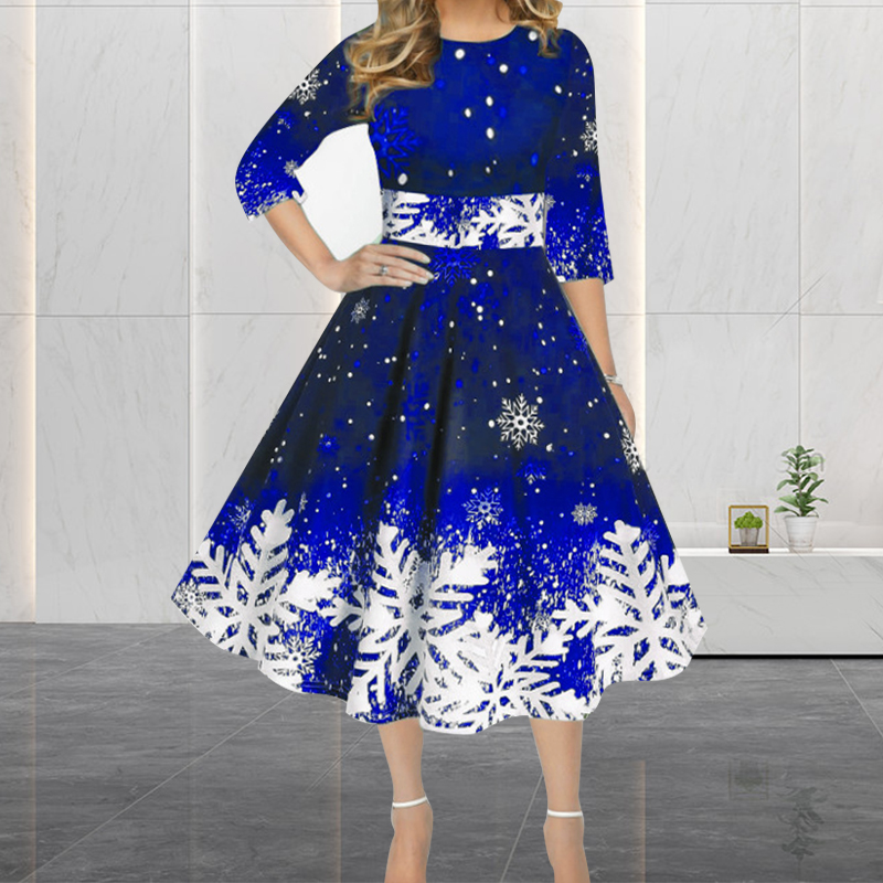 French Vintage Floral Midi Dress - Gaun pesta motif kasual untuk wanita,