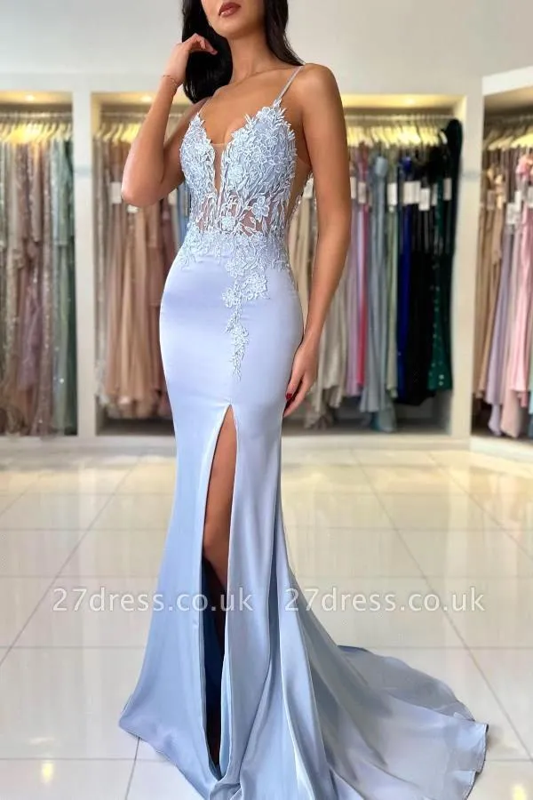 Elegant Satin Evening Gown Split - Gaun Prom Biru Muda Elegan Model