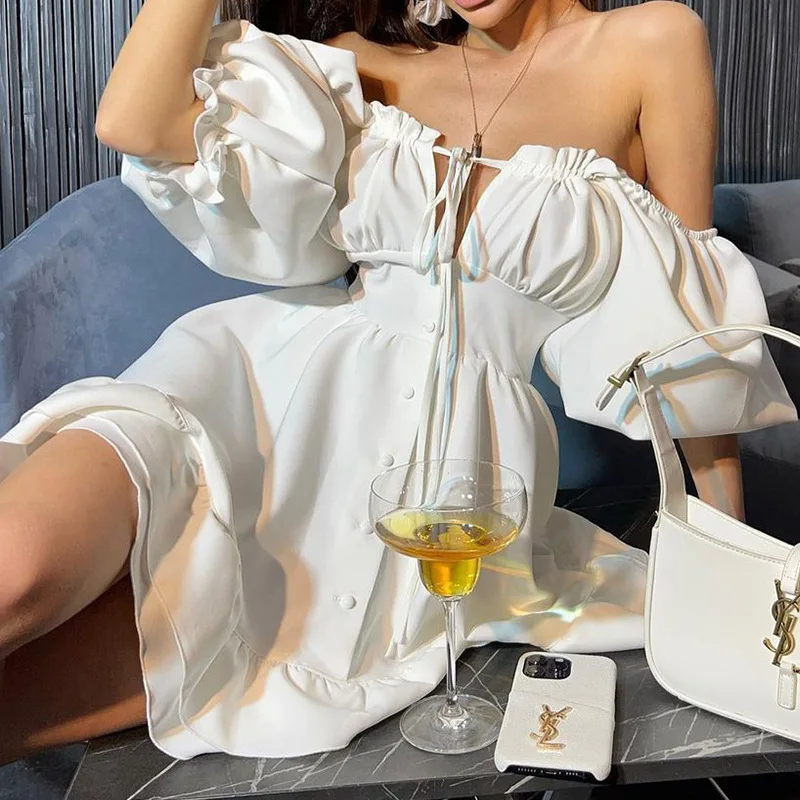 Off Shoulder Puff Sleeve Sundress - Gaun Mini Wanita Model Off Shoulder,