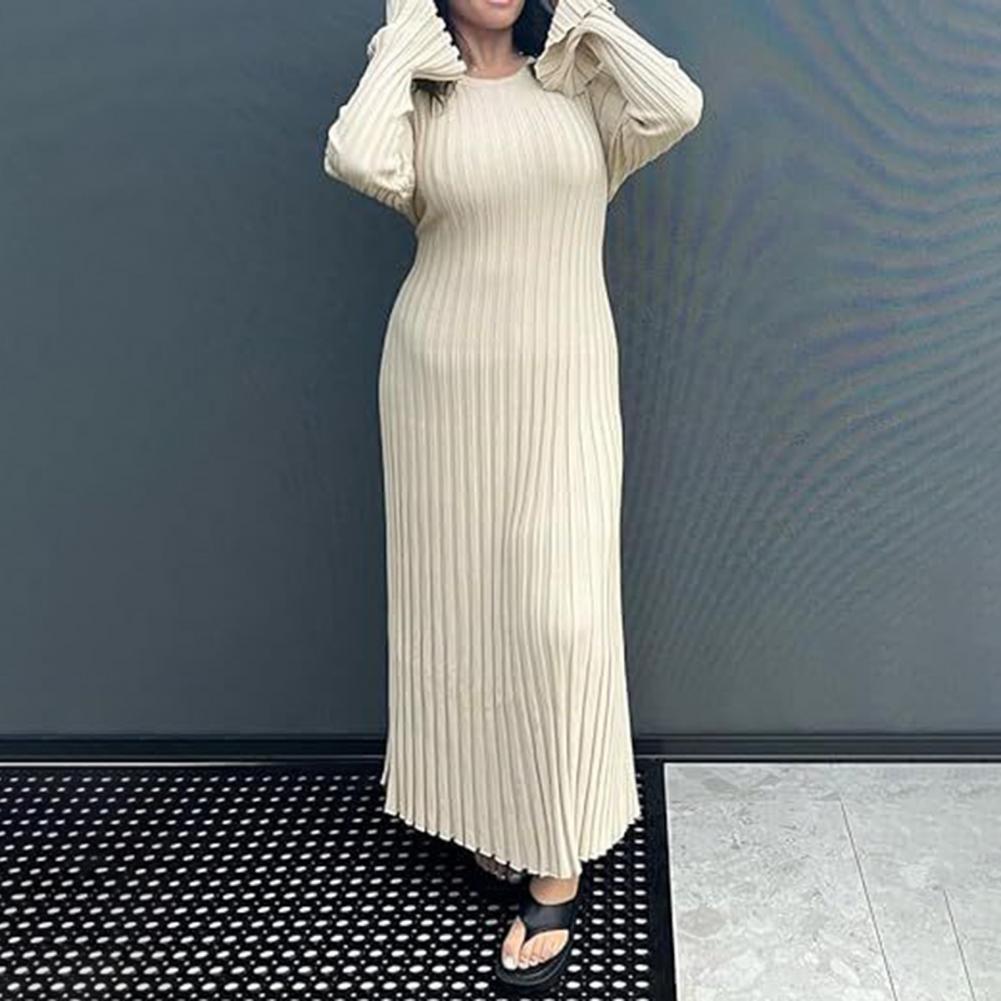 Bodycon Long Sleeve Ribbed Dress - Gaun Rajut Bergaris Wanita Lengan Panjang
