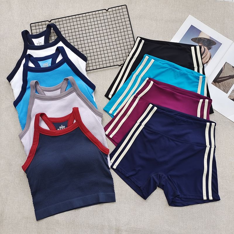 Seamless Ribbed Workout Tank Top - Set Olahraga Wanita Bergaris 2 PCS,