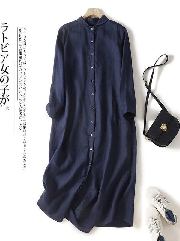 Casual Loose Linen Shirt Dress - Gaun kemeja longgar berbahan katun linen