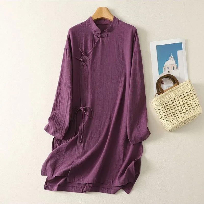 Casual Loose Linen Shirt Dress - Gaun Tunik Linen Kancing Katak Gaya