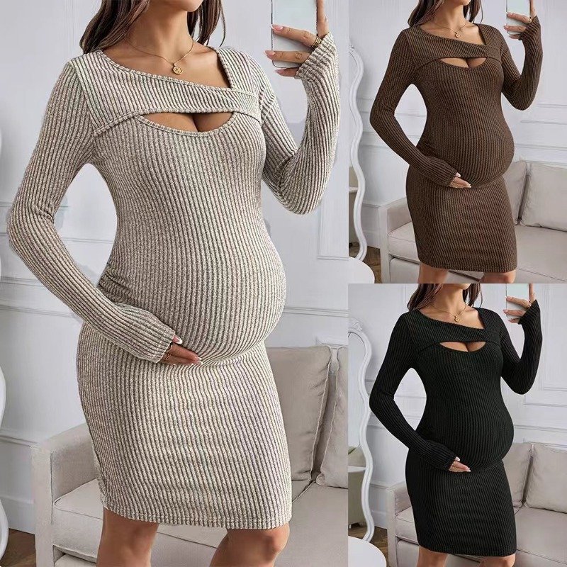 Bodycon Long Sleeve Ribbed Dress - Baju Hamil Gaun Ribbed Lengan Panjang