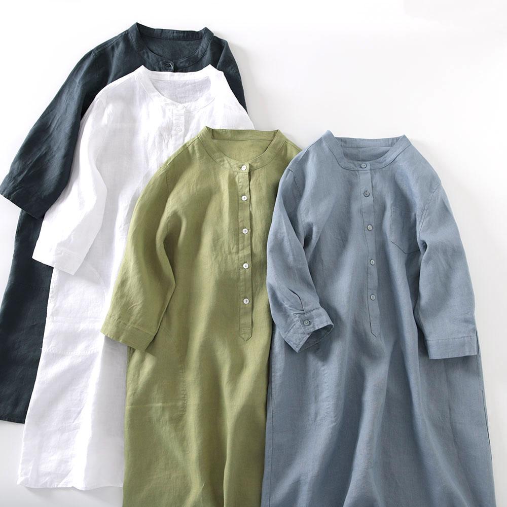 Casual Loose Linen Shirt Dress - Gaun Kemeja Linen Gaya Jepang Wanita