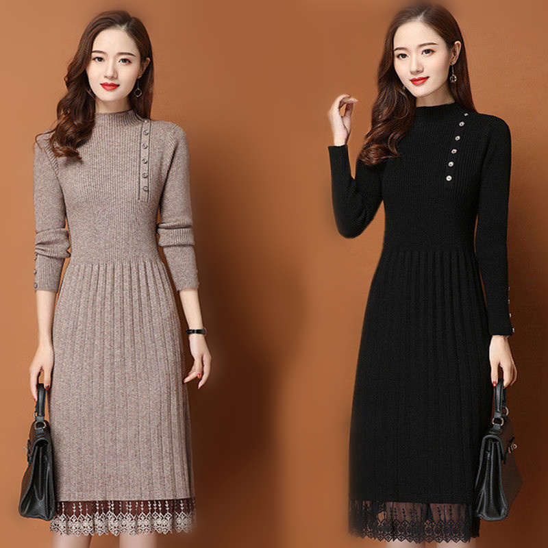 Bodycon Long Sleeve Ribbed Dress - Sweter Wanita Musim Gugur Musim Dingin