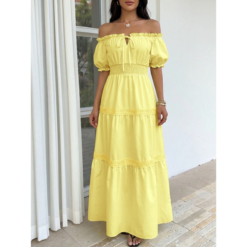 Off Shoulder Puff Sleeve Sundress - Gaun Maxi A-line Bohemian Musim Panas