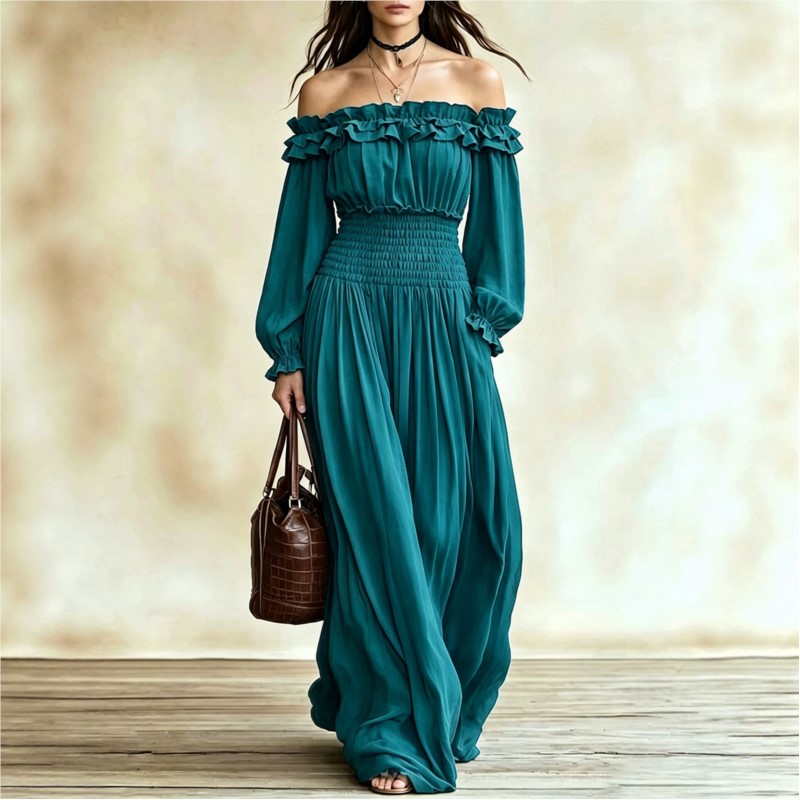Off Shoulder Puff Sleeve Sundress - Gaun Maxi Fashion Off Shoulder Wanita