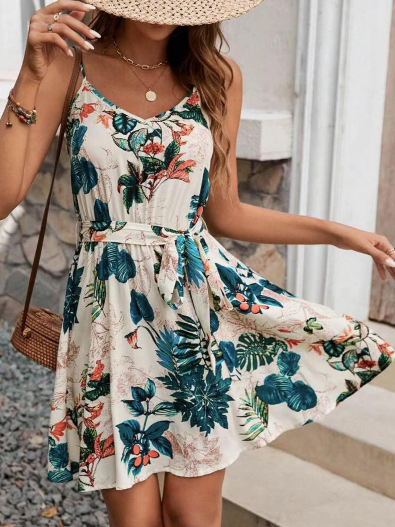 French Vintage Floral Midi Dress - Gaun Wanita Bergaya Bohemian dengan Ikat