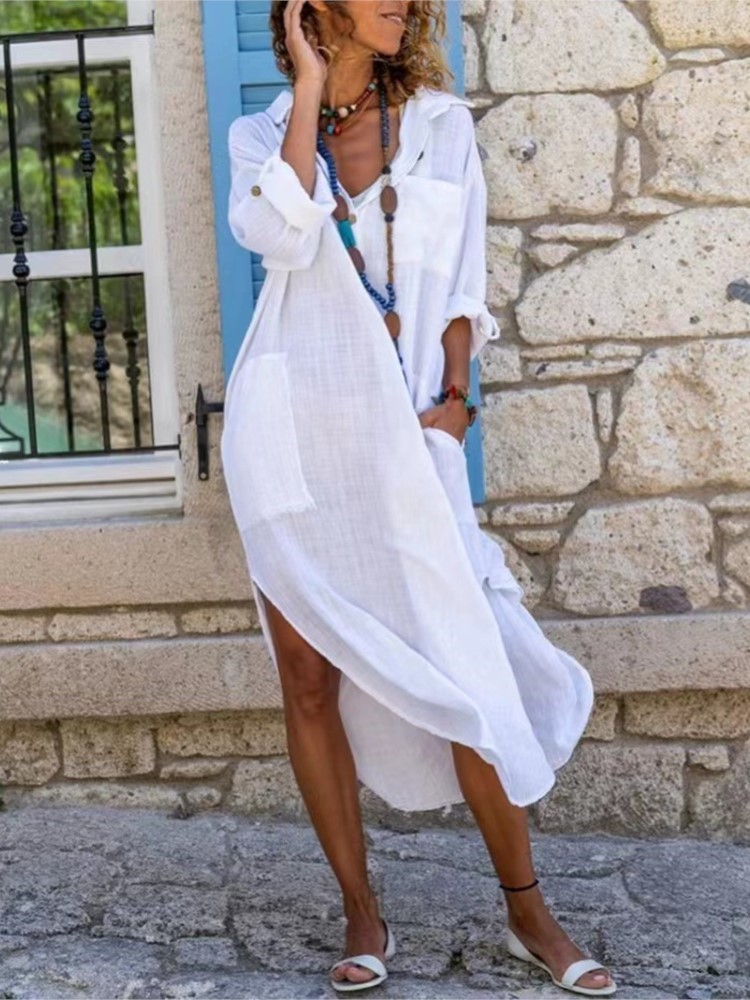 Casual Loose Linen Shirt Dress - Gaun panjang wanita, Dress kemeja katun