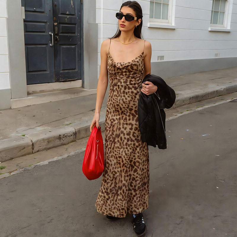 French Vintage Floral Midi Dress - Gaun Cami Seksi Motif Leopard Vintage