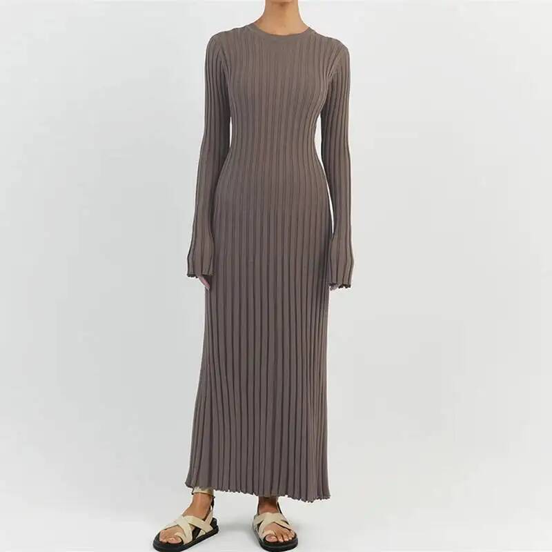 Bodycon Long Sleeve Ribbed Dress - Gaun Maxi Rajut Bergaris Elegan Wanita