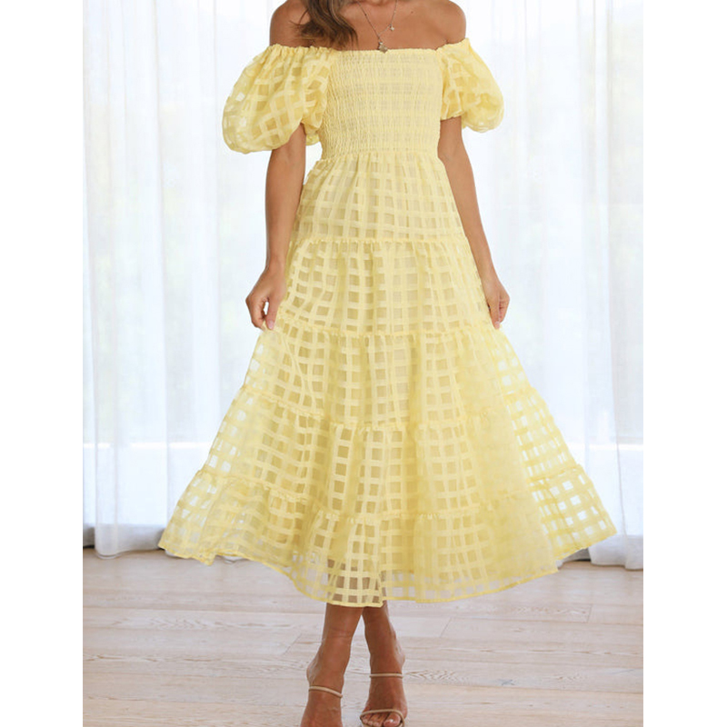 Off Shoulder Puff Sleeve Sundress - Gaun panjang musim panas wanita bahu