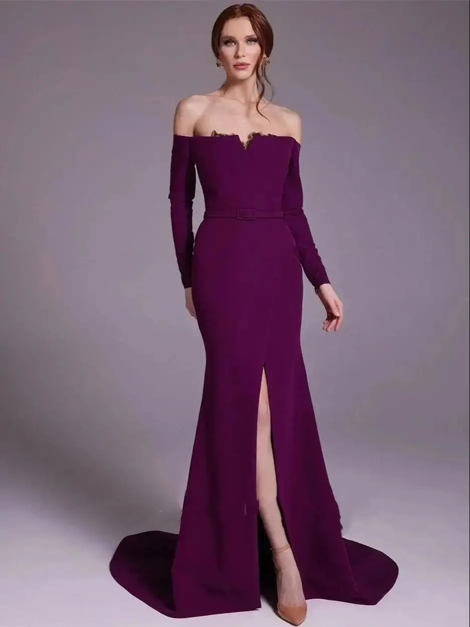 Elegant Satin Evening Gown Split - Gaun malam model Arab Satin, gaun