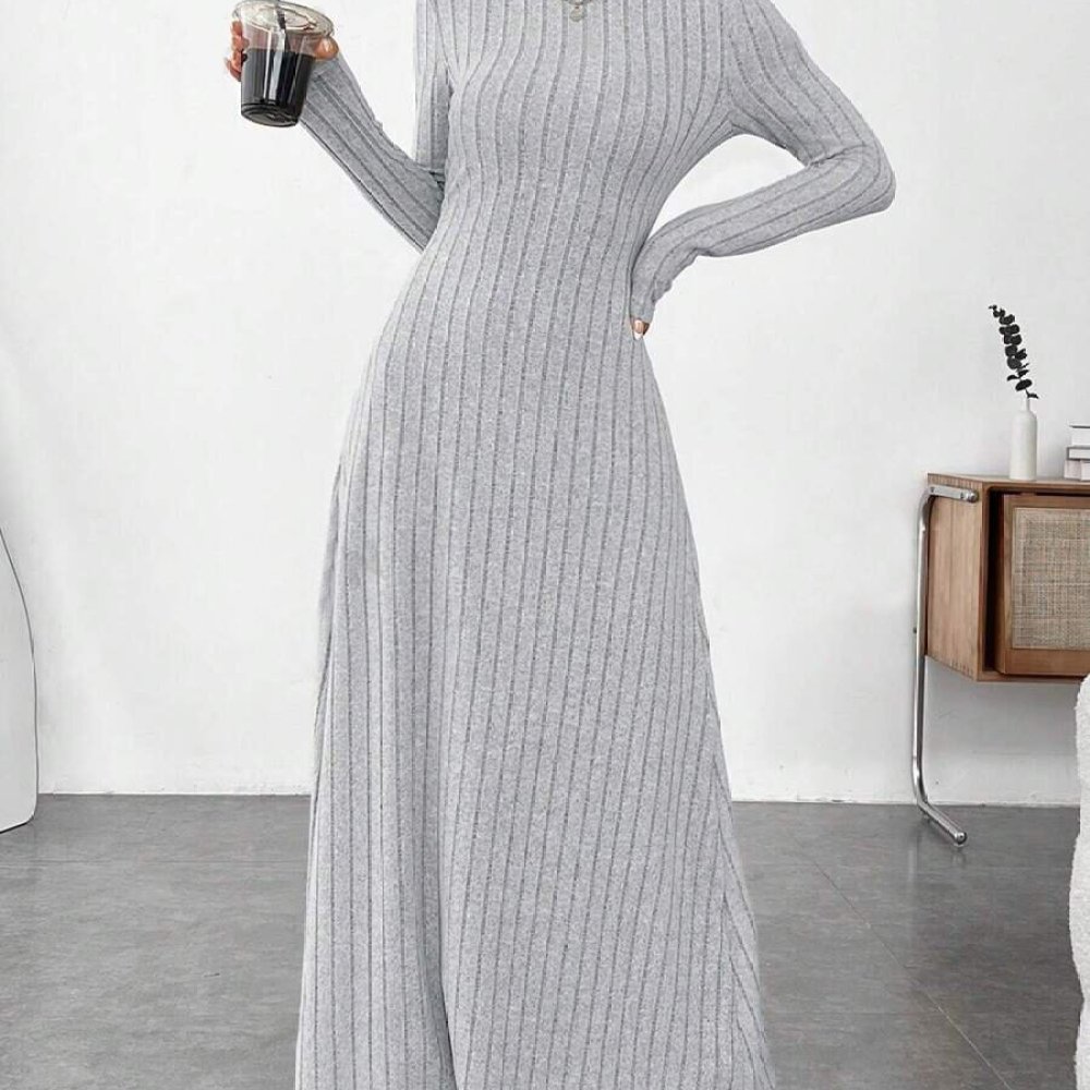 Gaun Wanita Elegan Musim Gugur - Bodycon Long Sleeve Ribbed Dress ulasan dan harga