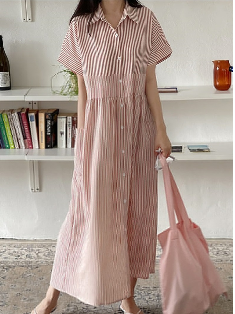 Gaun Kemeja Bergaris Gaya Kore - Korean Style A Line Shirt Dress ulasan dan harga