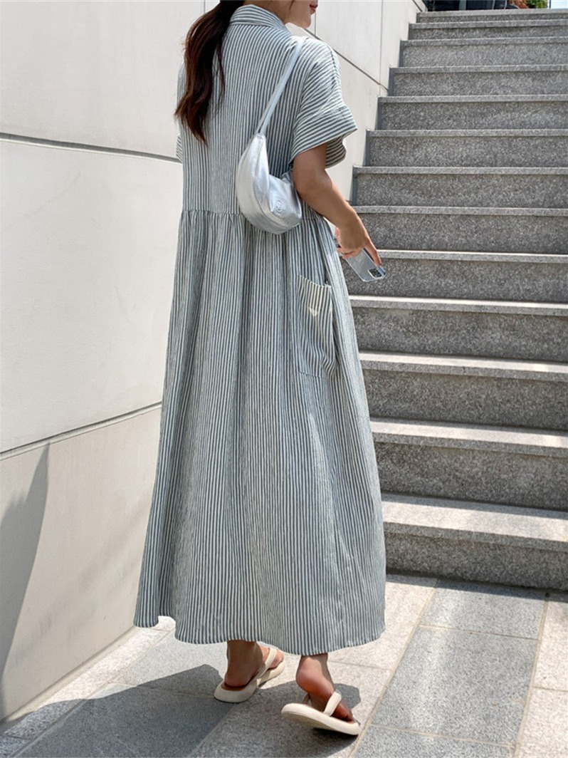 Gaun Kemeja Bergaris Gaya Kore - Korean Style A Line Shirt Dress ulasan dan harga