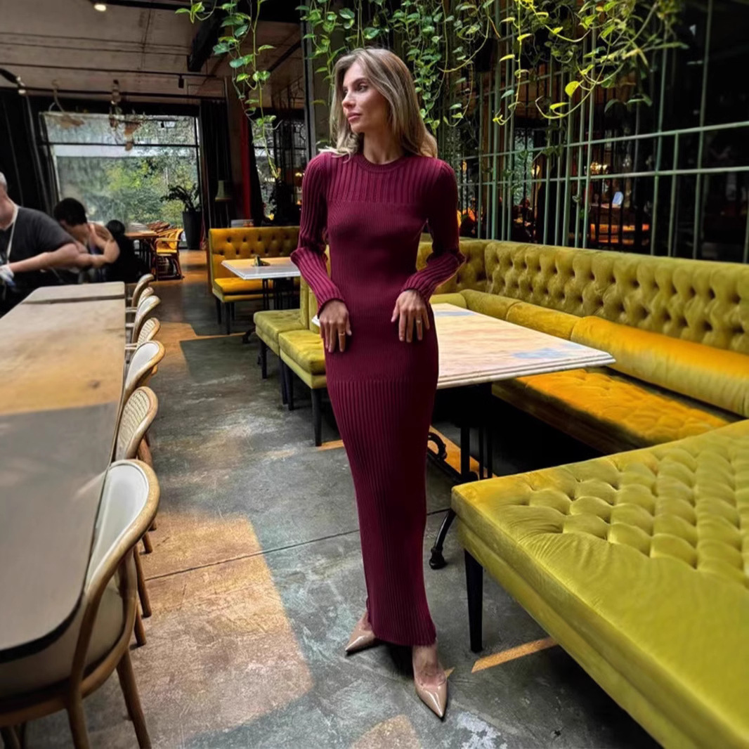 Gaun Maxi Rajut Wanita Musim S - Bodycon Long Sleeve Ribbed Dress ulasan dan harga