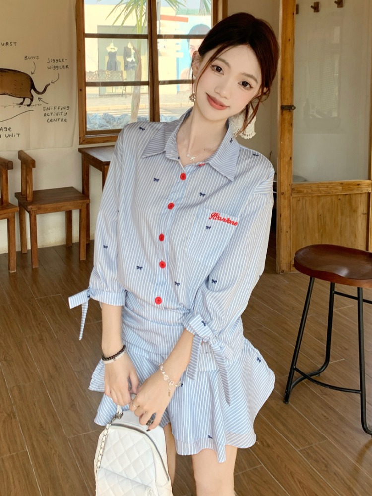 Gaun Kemeja Bergaris Kasual Ga - Korean Style A Line Shirt Dress ulasan dan harga
