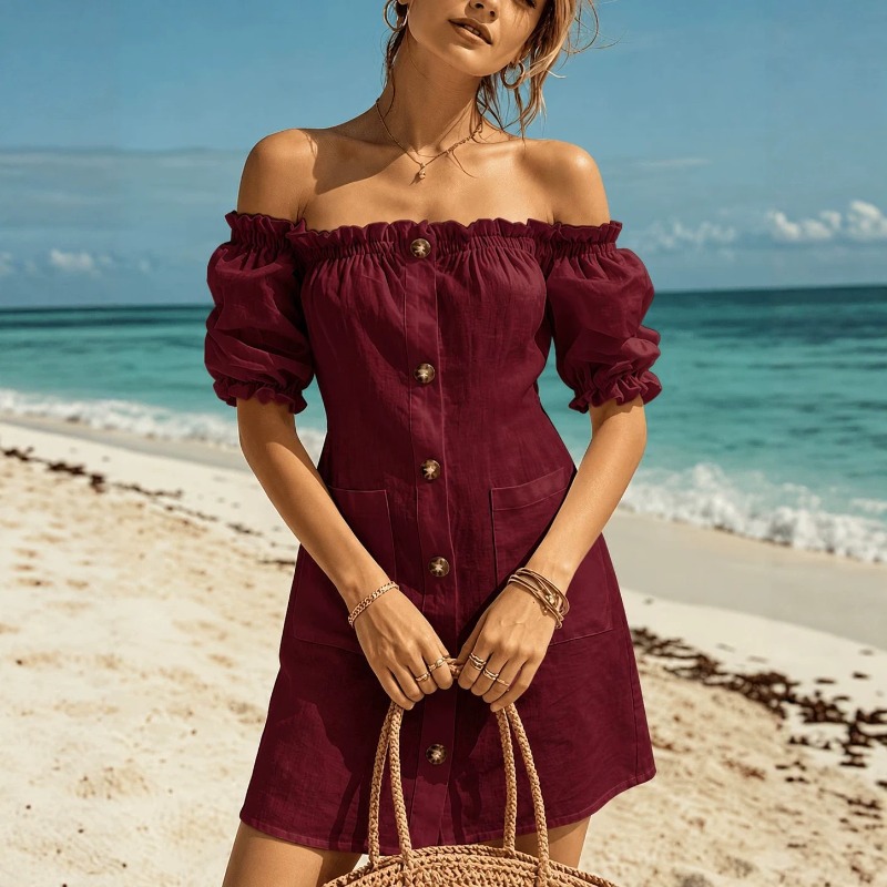 Gaun Mini Wanita Tanpa Tali Ba - Off Shoulder Puff Sleeve Sundress ulasan dan harga