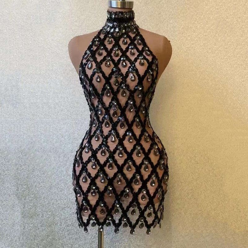 Gaun Mini Halter Jaring Berlia - Sparkly Rhinestone Club Party Dress ulasan dan harga