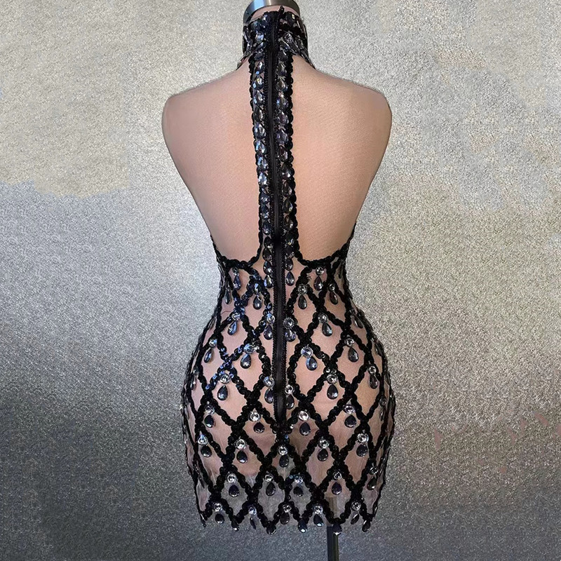 Gaun Mini Halter Jaring Berlia - Sparkly Rhinestone Club Party Dress ulasan dan harga